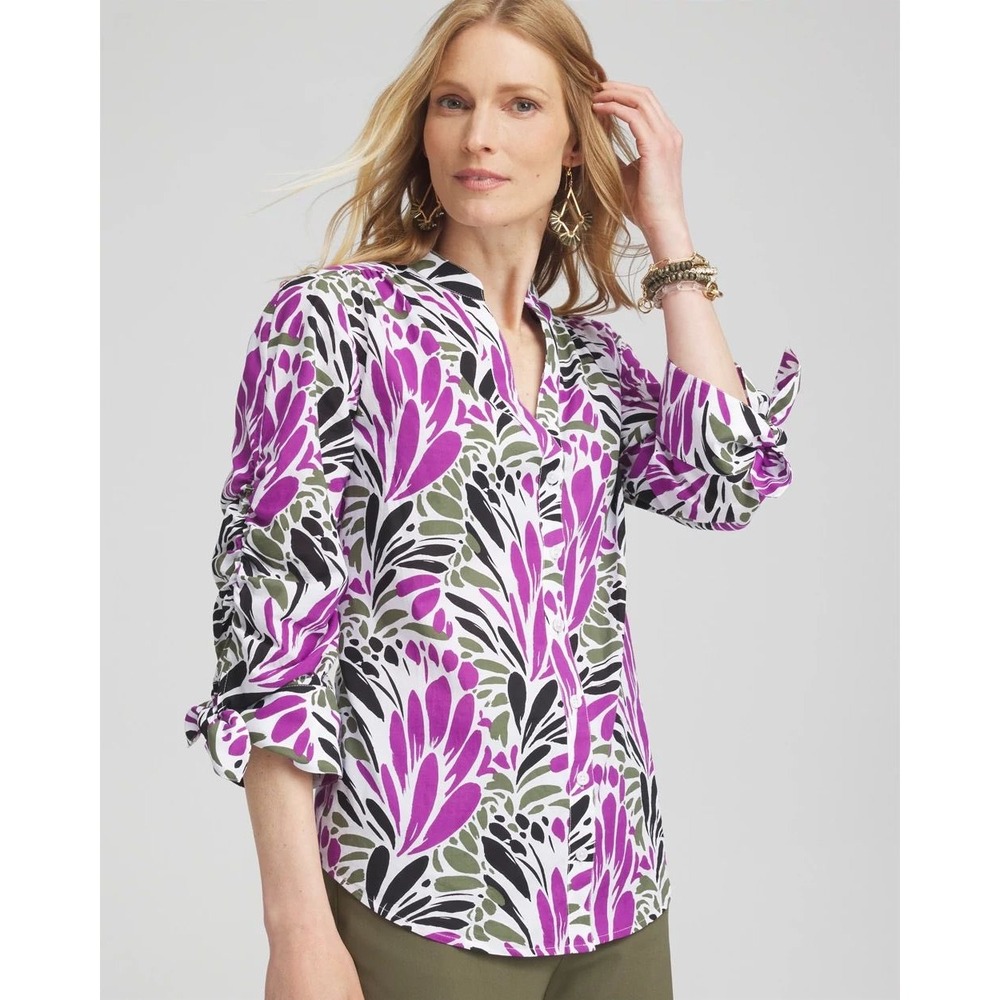 Chicos Purple Green Abstract Leaf Print Cotton Ruched Sleeve Button Shirt 3 (XL)